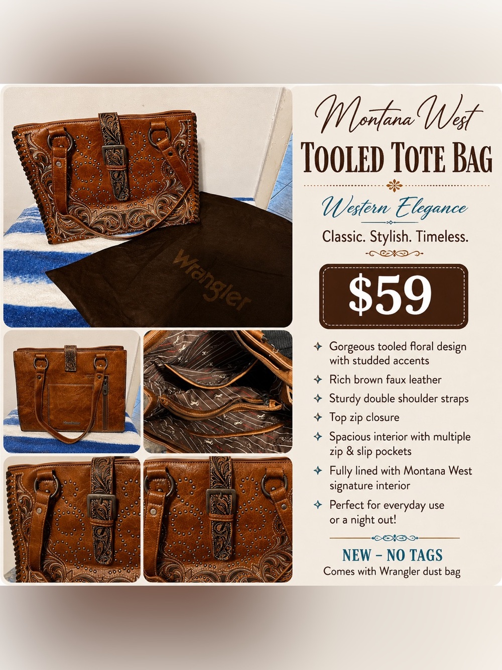 Wrangler Brown Tooled Floral Tote with Stud Accents